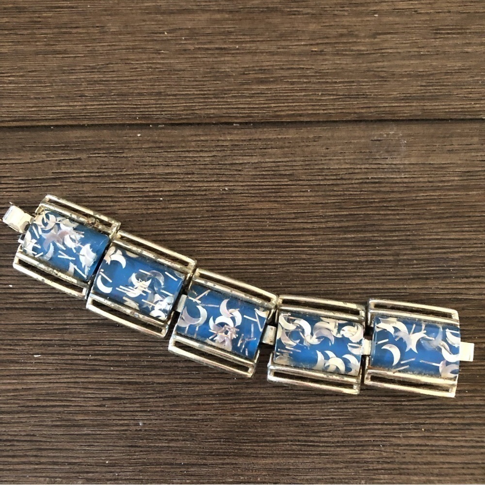 Vintage mid-century blue & sliver metal moon bracelet
